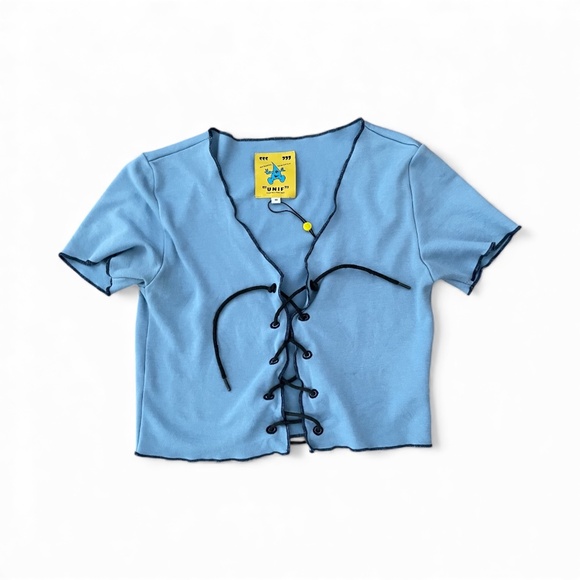 Unif Blue Lace Up Short Sleeve Crop Top Size MEDIUM - Picture 2 of 9